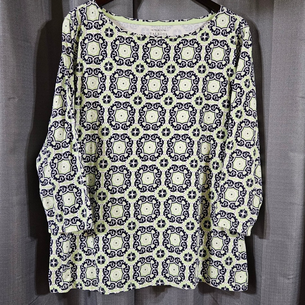 Talbots Tee Plus 3X Green Navy Geometric Medallion 3/4 Sleeve Boat‎ Neck Top